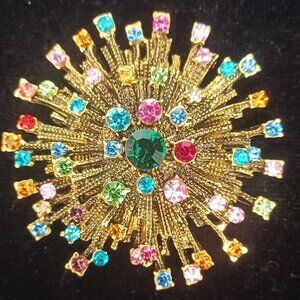 Gold Tone Multi Colored Rhinestone Brooch